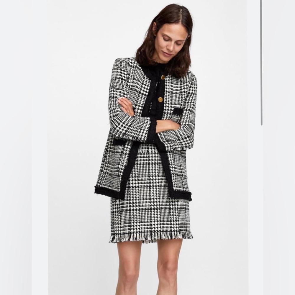 Zara Woman Tweed  Plaid Houndstooth Black White Suit Set